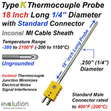 Type K Thermocouple Probe Inconel Sheath 18 inches long with Connector