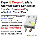 Standard Thermocouple Connectors, Standard Ceramic Male Solid Pins, Type K