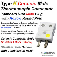 Ceramic Thermocouple Connector Type K Standard Size Male with Hollow Pin