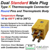 Dual Thermocouple Connector - K Type Standard Size Male
