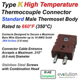 Type K Thermoset Thermocouple Connector Standard Size Male