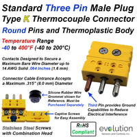 Standard Thermocouple Connectors, Standard Three Pin Male, Type K