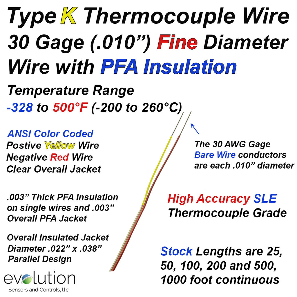 Type K Thermocouple Wire with 500 F (260 C) rated PFA Insulation - Fine Diameter 30 Gage