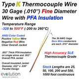 Type K Thermocouple Wire with 500 F (260 C) rated PFA Insulation - Fine Diameter 30 Gage