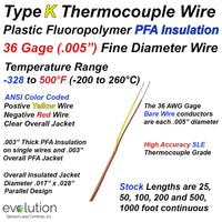 Type K Thermocouple Wire with 500°F (260°C) rated PFA Insulation - Fine Diameter 36 Gage