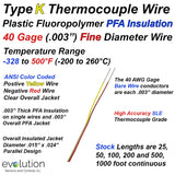 Type K Thermocouple Wire with 500°F (260°C) rated PFA Insulation - Very Fine Diameter 40 Gage