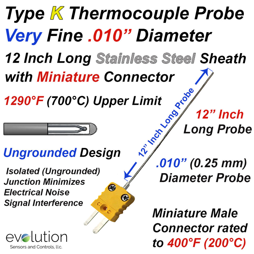 Fine Diameter .010" Type K Thermocouple Probe 12 Inches Long Ungrounded