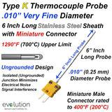 Fine Diameter .010" Type K Thermocouple Probe 6 Inches Long Ungrounded