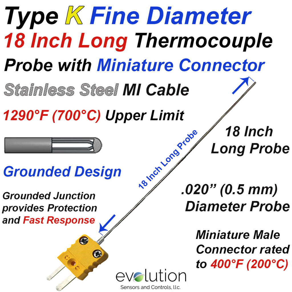 Fine Diameter Thermocouple Type K 18 Inches Long with Connector