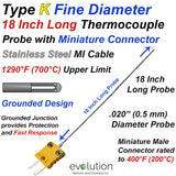 Fine Diameter Thermocouple Type K 18 Inches Long with Connector
