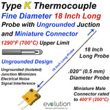 .020 Diameter Thermocouple | Type K 18 Inches Long with Connector