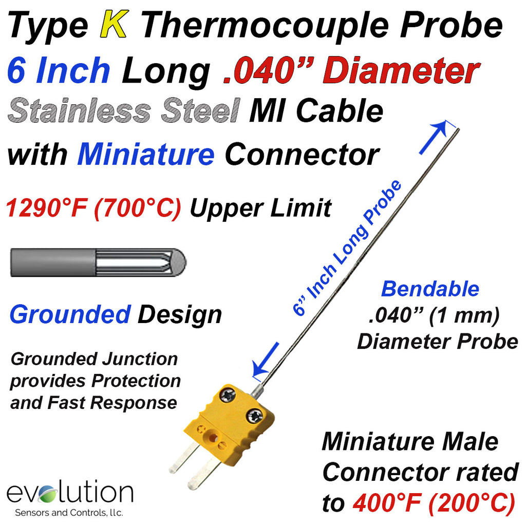 Thermocouple Probe Type K .040" Diameter 6 Inches Long with Connector