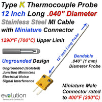 Type K Thermocouple MI Cable Probe Stainless Steel Sheath Ungrounded .040