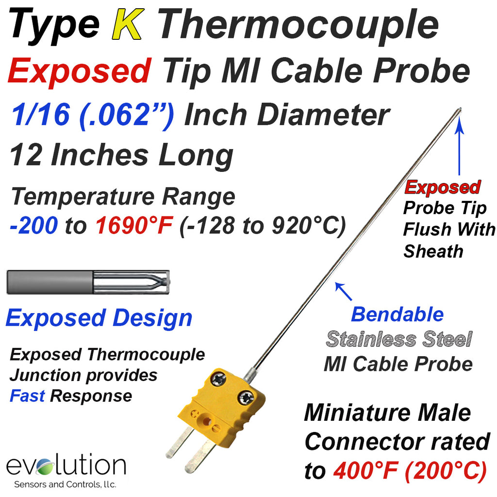 Type K Exposed Thermocouple Probe 12 Inches Long 1/16 Inch Diameter