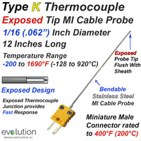 Type K Exposed Thermocouple Probe 12 Inches Long 1/16 Inch Diameter