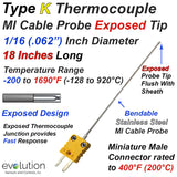 Type K Exposed Thermocouple Probe 18 Inches Long 1/16 Inch Diameter