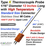 Thermocouple Sensor Type K Grounded 12" Long 1/16" Dia. Stainless Steel Sheath with High Temperature Standard Connector