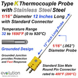 K Type Thermocouple Probe 1/16" Diameter 12 Inches Long with Connector