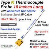 Type K Thermocouple Probe 18 Inches Long 1/16 Diameter Grounded with Connector