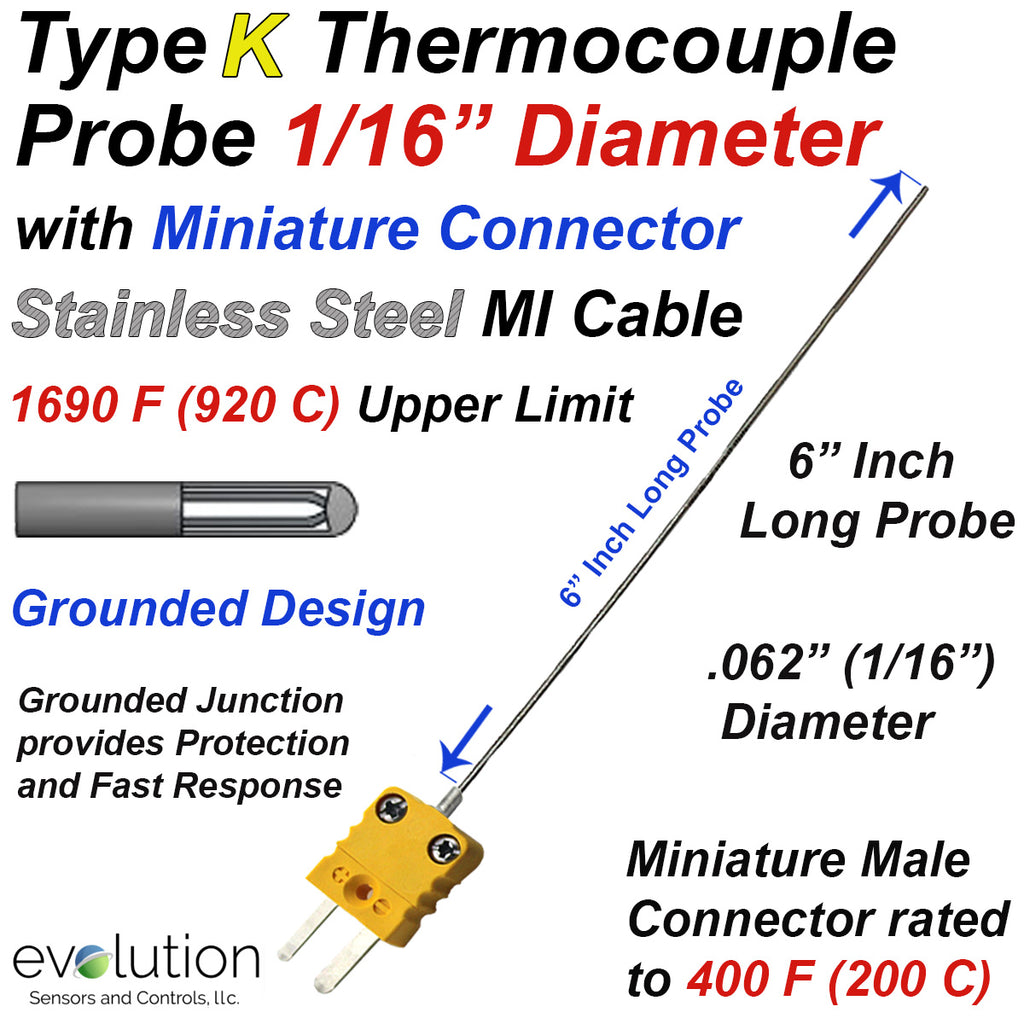 Thermocouple Sensor Type K Grounded 6" Long 1/16" Dia. Stainless Steel Sheath with Miniature Connector