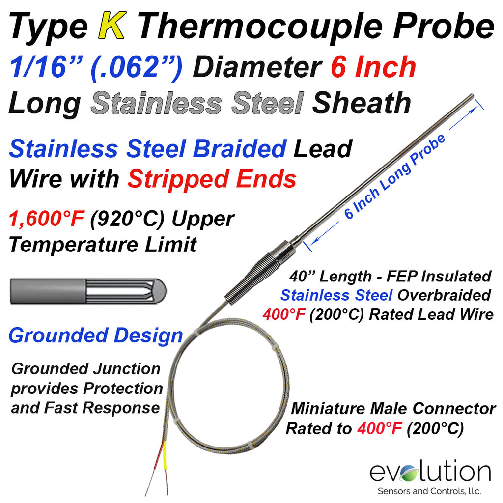 Type K Thermocouple Probe 1/16 Diameter with Stainless Braided Wire