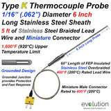 Type K Thermocouple with 5 ft of Stainless Braided Wire and Connector