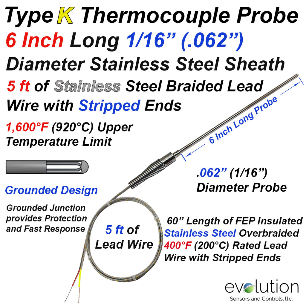 K Type Thermocouple Probe 1/16 Diameter and 5ft of SS Braided Wire