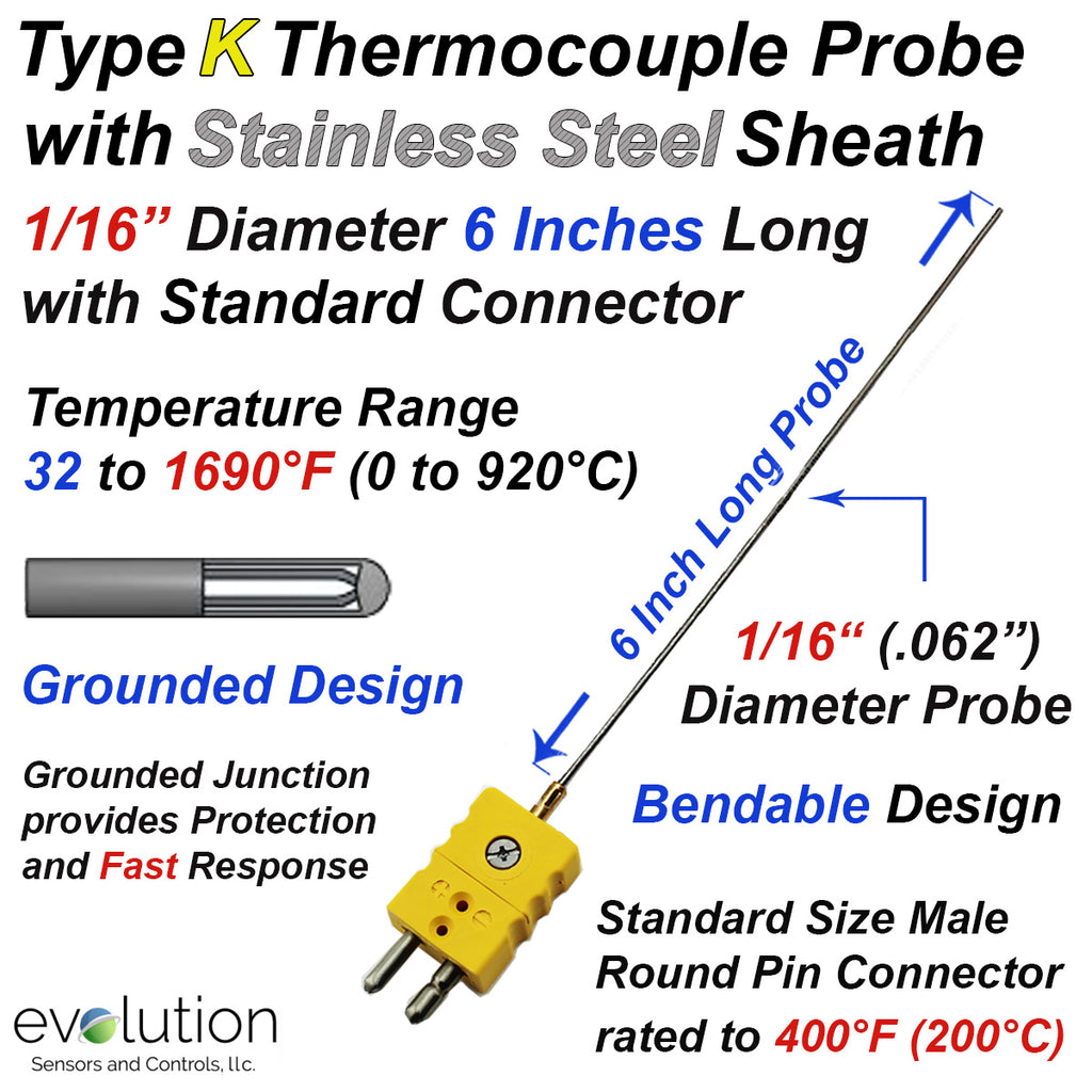 Thermocouple Sensor Type K Grounded 6" Long 1/16" Dia. Stainless Steel Sheath with Standard Connector