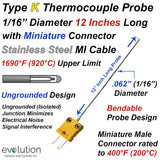 Type K Thermocouple Probe 1/16 Diameter 12 Inches Long Stainless Steel Ungrounded wirh Miniature Connector