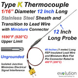 Type K Thermocouple Probe 1/16 Diameter 12 Inches Long with Lead Wire and Miniature Connector