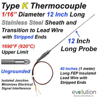 Type K Thermocouple Probe 1/16 Diameter 12 Inches Long with Lead Wire