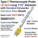 Thermocouple Sensor Type K Ungrounded 12" Long 1/16" Dia. Stainless Steel Sheath with Standard Connector