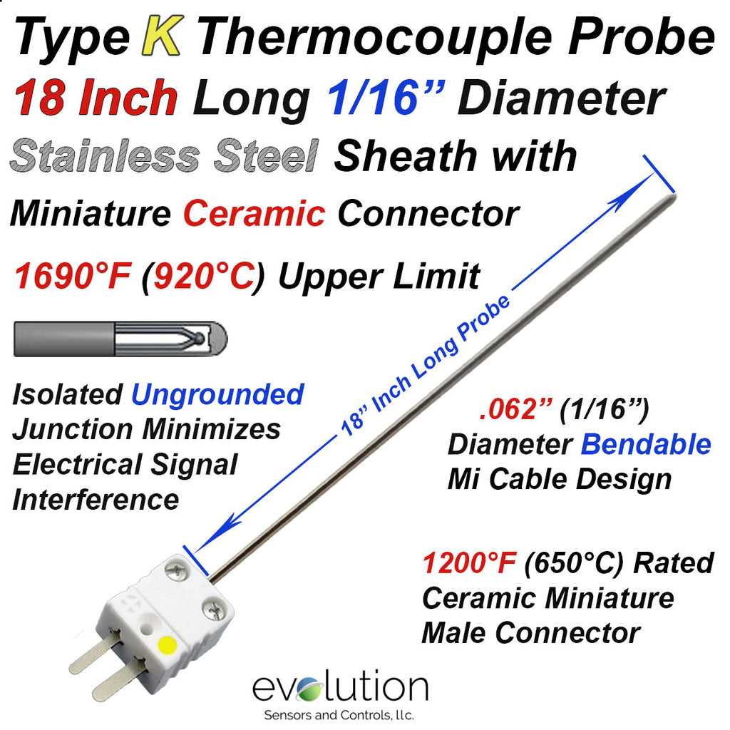 Type K Thermocouple Probe 18" Long with Miniature Ceramic Connector