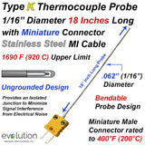 Thermocouple Sensor Type K Ungrounded 18" Long 1/16" Dia. Stainless Steel Sheath with Miniature Connector