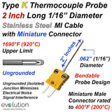 2 Inch Long Type K Thermocouple Probe 1/16" Diameter with Mini Connector