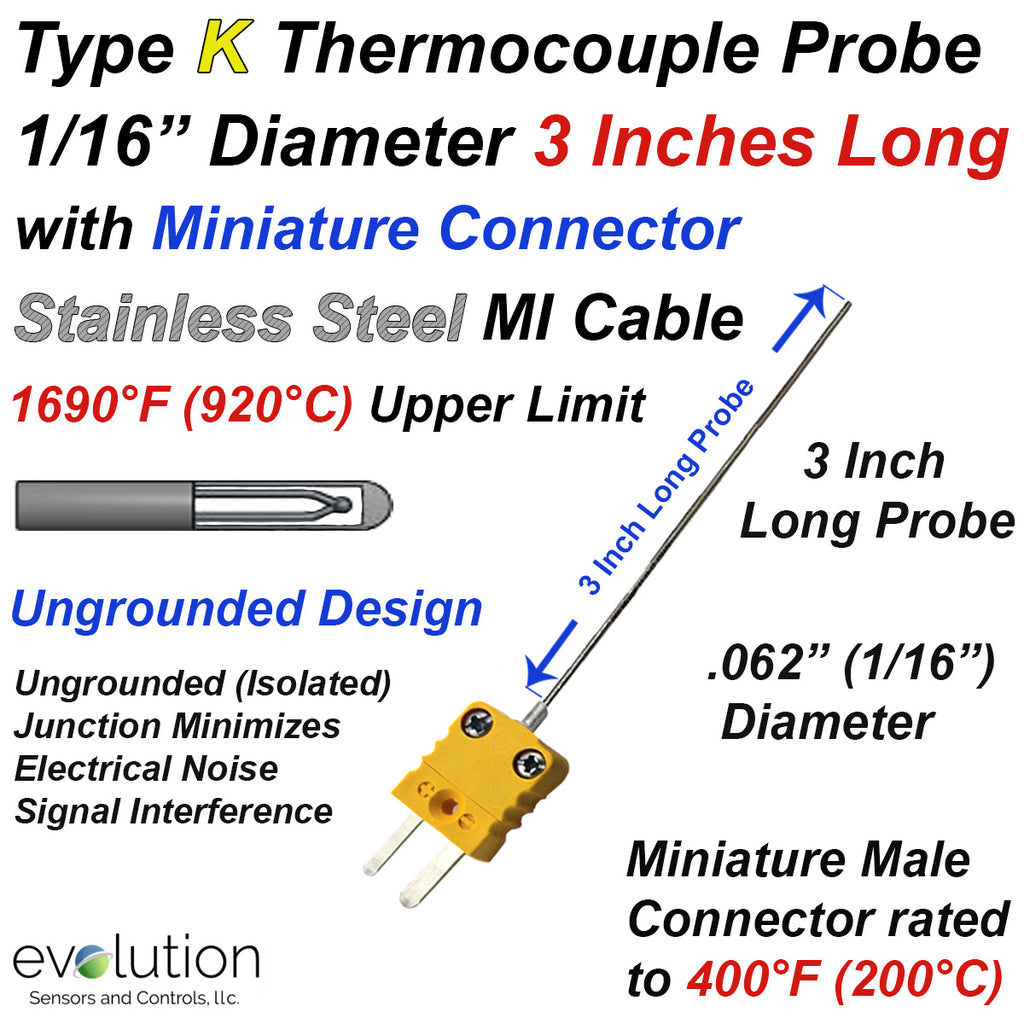 K Type Thermocouple Probe 3 Inch Long 1/16 Diameter SS Sheath with Mini Connector