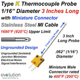 K Type Thermocouple Probe 3 Inch Long 1/16 Diameter SS Sheath with Mini Connector