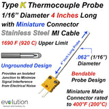 Thermocouple Sensor Type K Ungrounded 4" Long 1/16" Dia. Stainless Steel Sheath with Miniature Connector