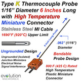 Thermocouple Sensor Type K Ungrounded 6" Long 1/16" Dia. Inconel sheath with High Temperature Miniature Connector