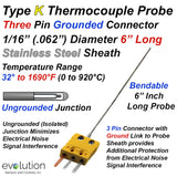 Type K Thermocouple Probe with Three Pin Grounded Miniature Connector