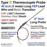 Type K Thermocouple Probe 6 inches long 1/16" Diameter with Lead Wire