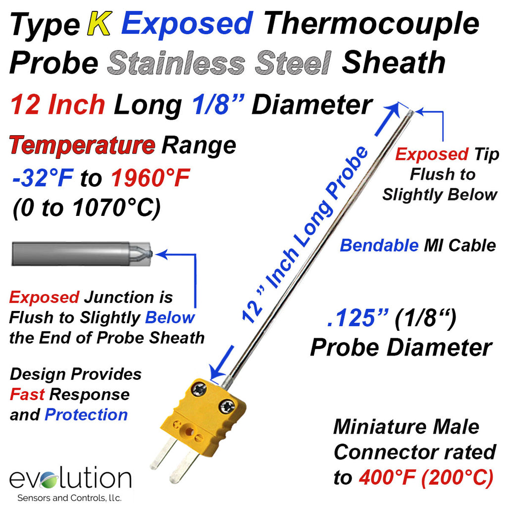 Type K Exposed Thermocouple Probe 12 Inches Long with Miniature Connector