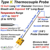Type K Exposed Thermocouple Probe 1/8" Diameter 12 Inches Long 