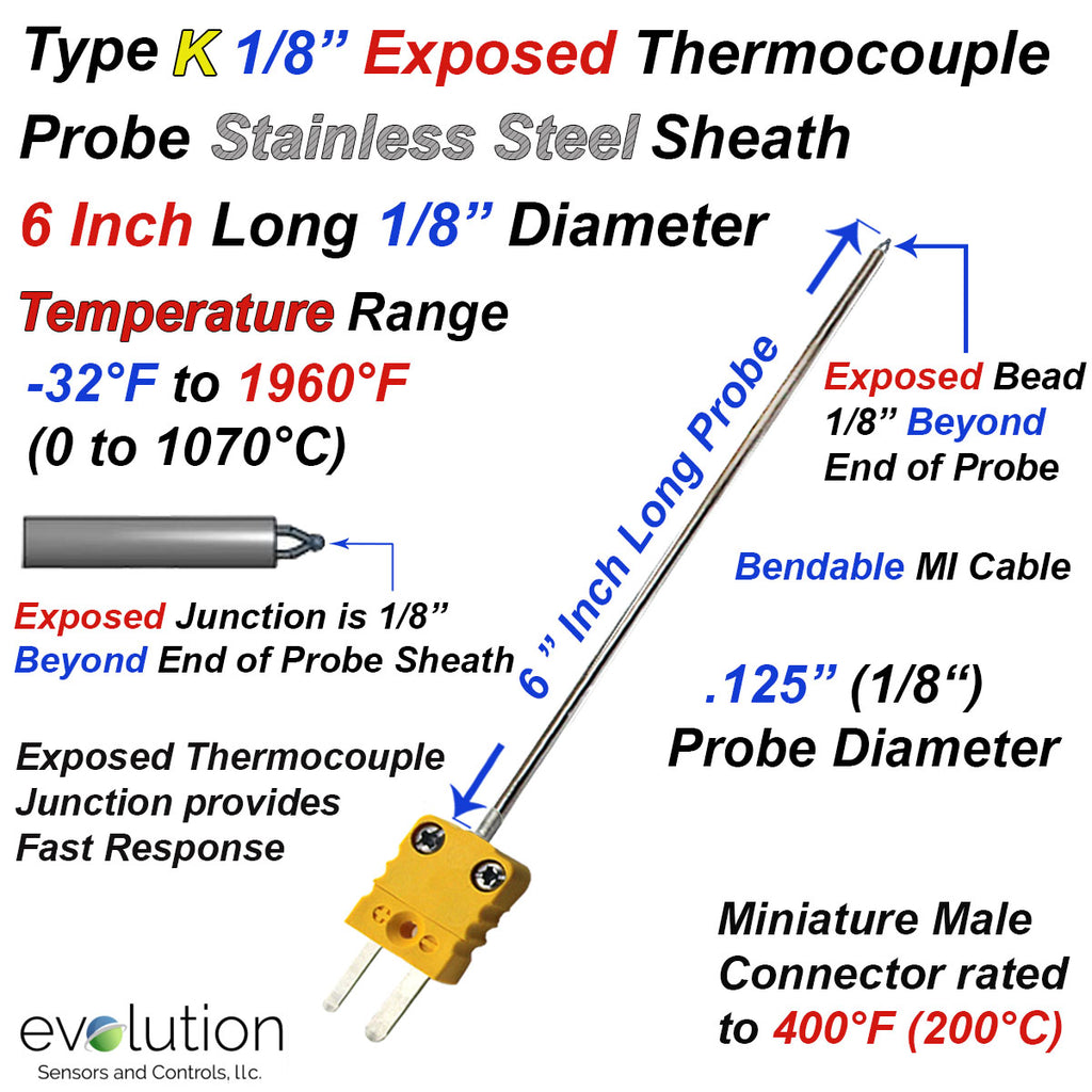 Type K Exposed Thermocouple Probe 1/8 Diameter and Miniature Connector ...