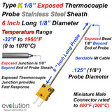 Type K Exposed Thermocouple Probe 1/8 Diameter and Miniature Connector