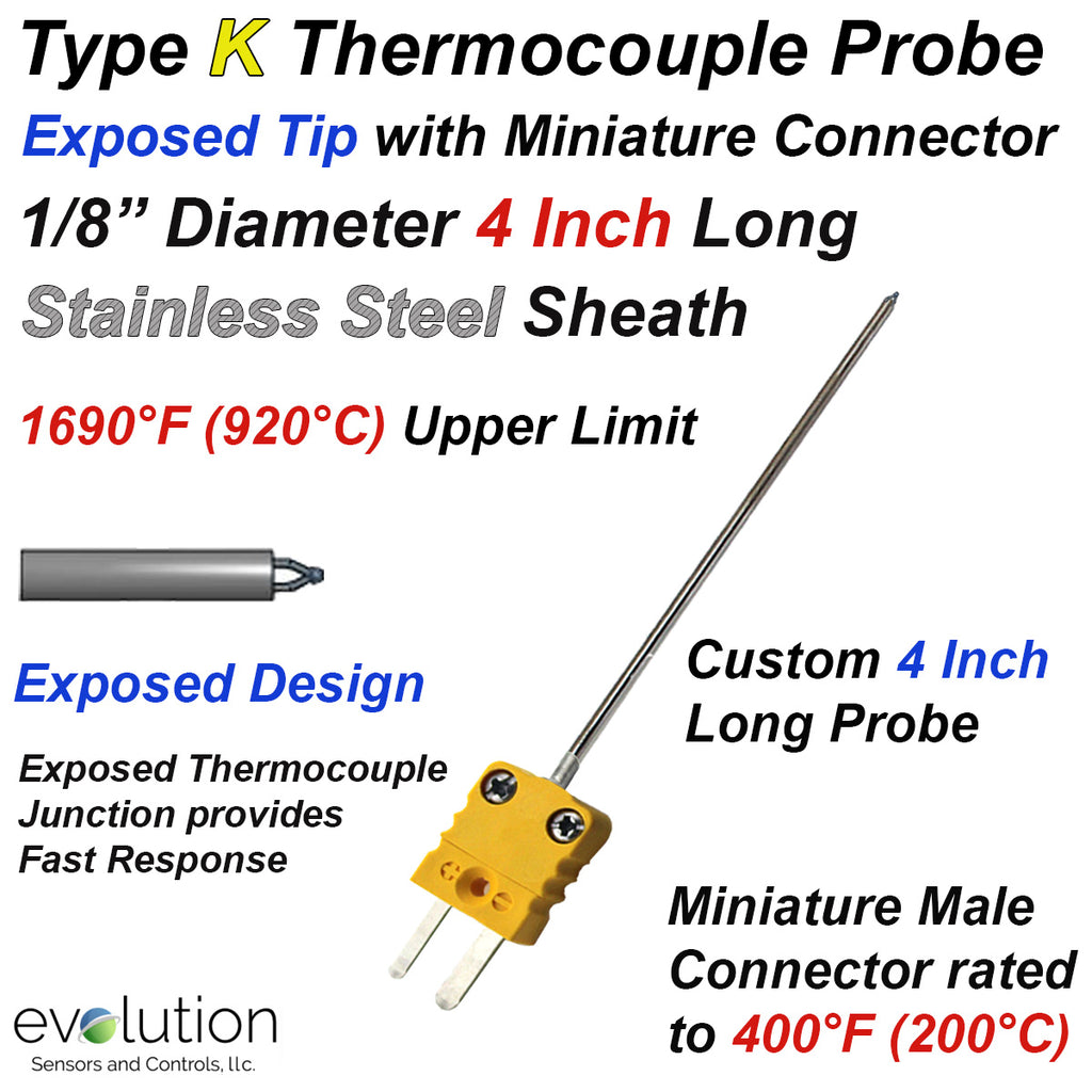 Type K Thermocouple Probe Exposed Tip with Miniature Connector
