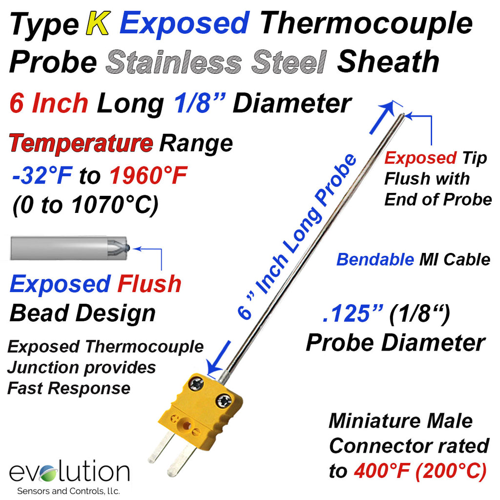 Exposed Thermocouple Type K Probe 1/8 Diameter and Miniature Connector