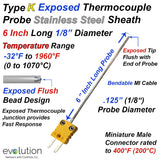 Exposed Thermocouple Type K Probe 1/8 Diameter and Miniature Connector