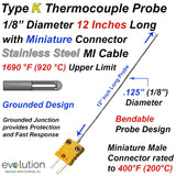 Thermocouple Sensor Type K Grounded 12" Long 1/8" Dia. Stainless Steel Sheath with Miniature Connector