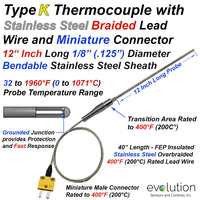 K Type Thermocouple 12 Inches Long with Stainless Braided Lead Wire 